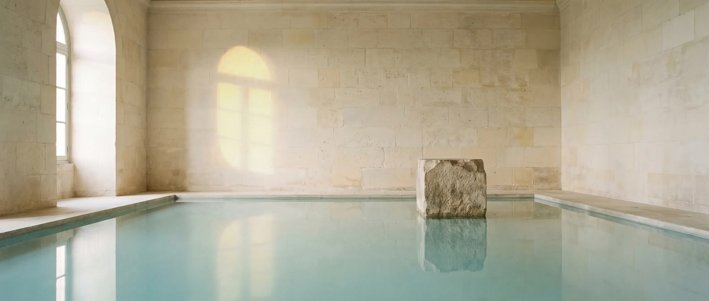 A quiet sunlit stone room, a pale oval of window light on the wall, a stone standing in a still pool