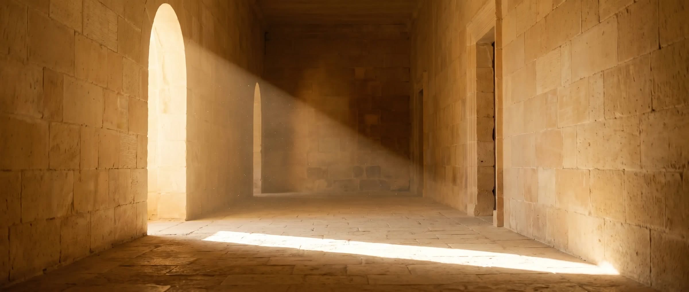 A warm sandstone corridor, golden sunlight falling through an arch across the floor